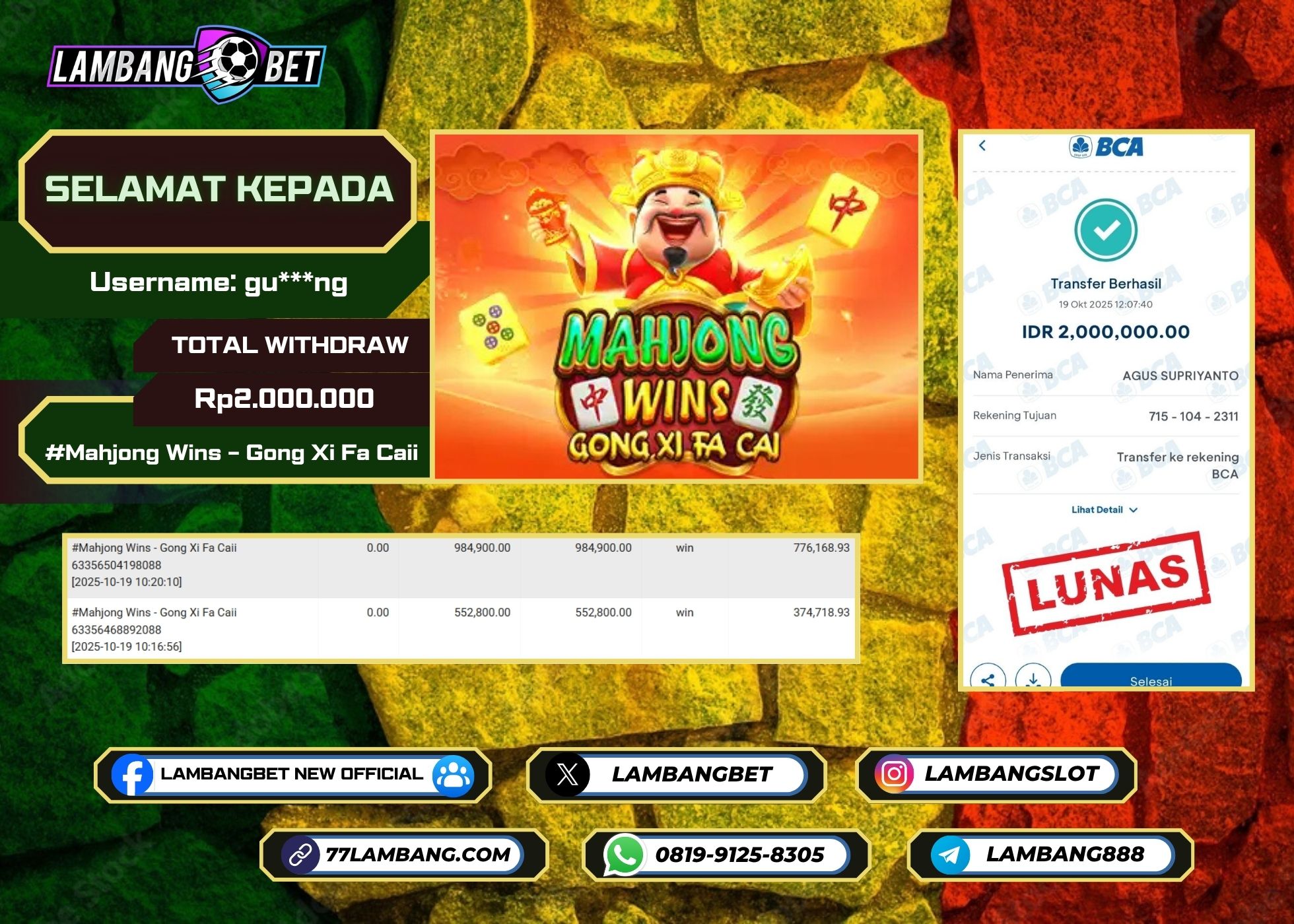 LAMBANGBET [19 OKTOBER 2025] JACKPOT SLOT Mahjong Wins - Gong Xi Fa Caii "Rp2.000.000" LUNAS